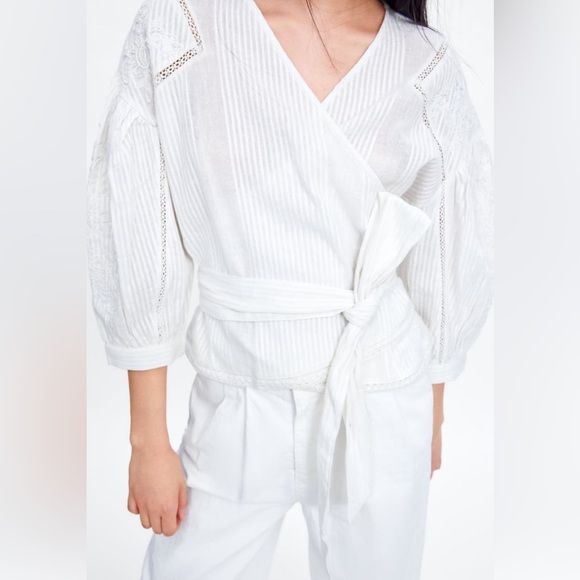 Zara Textured Embroidered White Wrap Top - Picture 2 of 7